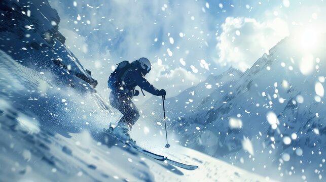A man skis on the mountain. Selective focus.