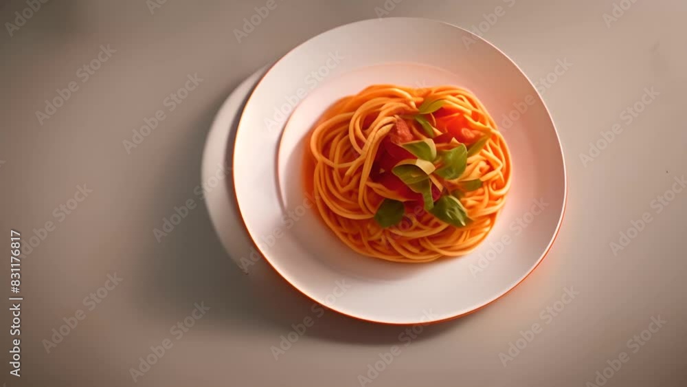 Poster plate of spaghetti with sauce and basil generative ai