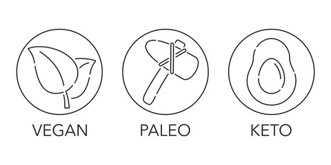 Keto, Paleo, Vegan - circular icons in thin separated lines