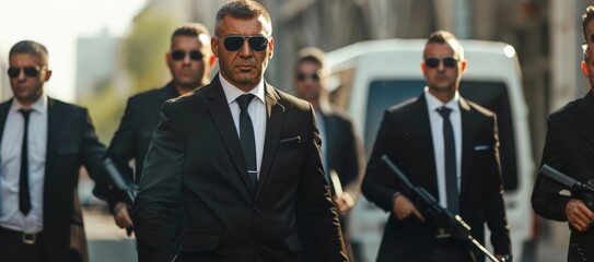 A mafia boss escorted by his bodyguards through a public event, power and danger emanating from the entourage