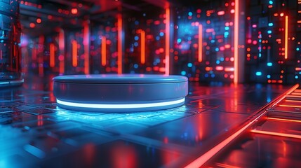 A sleek, cylindrical podium with a smooth, white surface, highlighted by alternating blue and red cyberpunk lights, against a backdrop of digital holograms. Minimal and Simple style