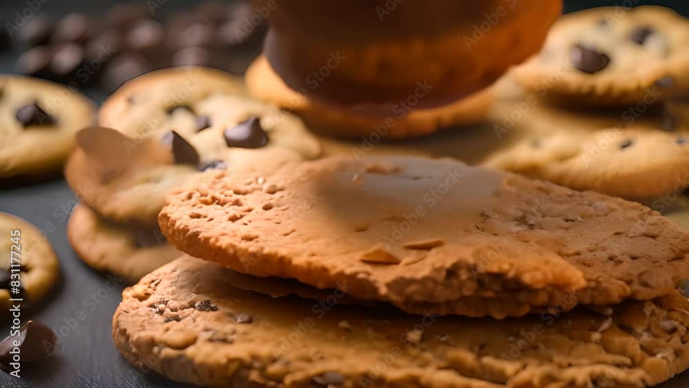 Poster pile of chocolate chip cookies on table generative ai