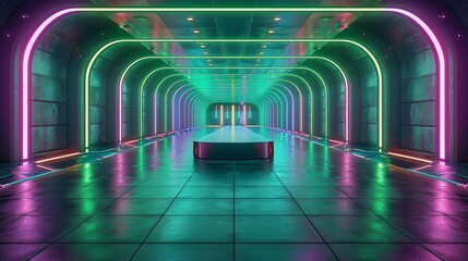 A modern, rectangular podium with a glossy finish, illuminated by vibrant green and purple neon lights, placed in a futuristic, high-tech room. Minimal and Simple style
