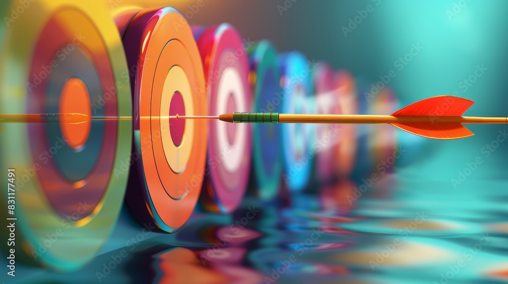 Poster series of colorful target discs aligned in a row with a red arrow striking the bullseye of the centr