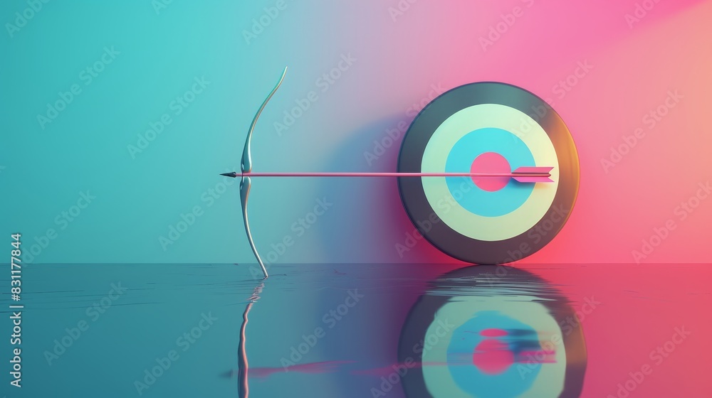 Poster bow and arrow, an archery target, and a reflective surface. the bow is positioned on the left, with 