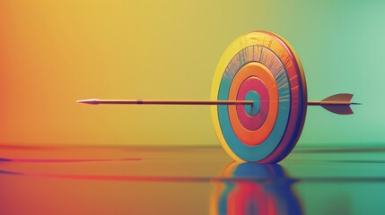 Colorful target with concentric circles in hues of yellow, orange, red, blue, and green, with an arrow striking the very center
