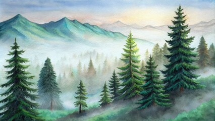Misty pine forest with mountains in the distance