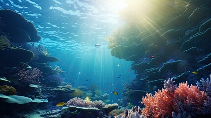 underwater coral reef seascape background with small coloful fish and transparent water