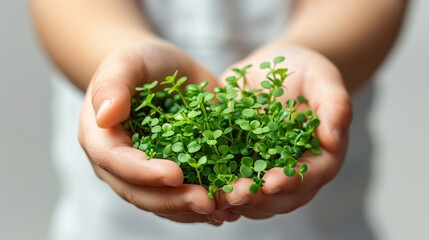 Child's Cupped Hands Holding Micro Greens Sprouts On White