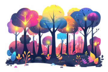A forest landscape with glowing, neon-lit trees and plants, set against a white background.