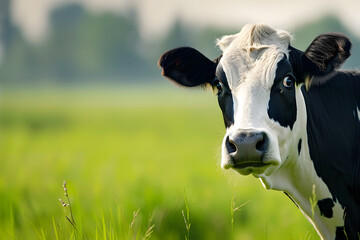 Close-up image of a cow's face with a surprised expression, showcasing its expressive eyes and facial features. Animal behavior and farm life concept
