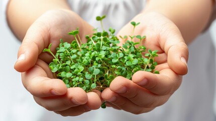 Small Fingers Of Child Holding Micro Greens Sprouts On White