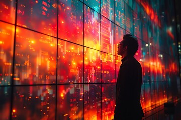 A man stands silhouetted against a vibrant, colorful wall of glowing screens. The screens display abstract cityscapes and lights.