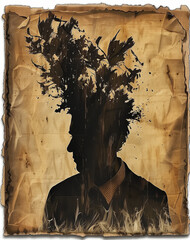 A vintage-style illustration of a silhouette with foliage growing from the head set against a textured background symbolizing natural thoughts and organic growth