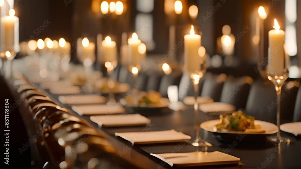 Poster long table set with food and candles generative ai