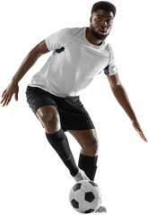Dribbling the ball. Young African man, male football soccer player training isolated on transparent...