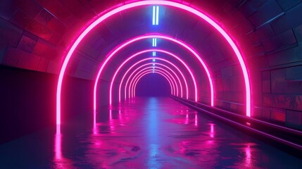 futuristic neon tunnel with glowing lights and reflections scifi cyberpunk background