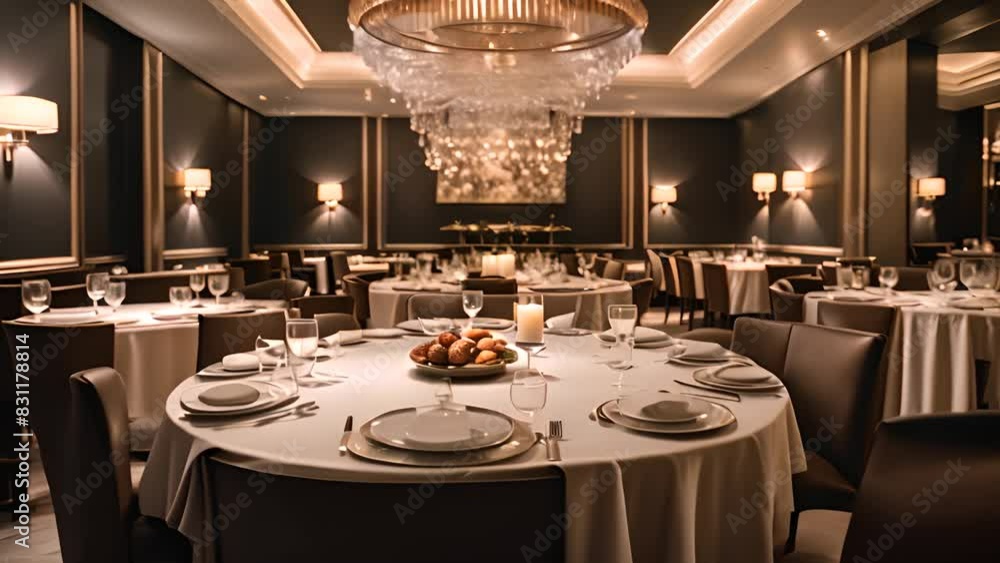 Poster elegant dining room with chandelier and tables generative ai