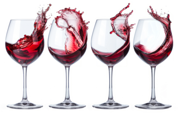 A set of elegant wine glasses toasting, showcasing a deep red wine with a delicate wine splash effect.