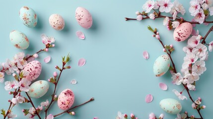 Easter Greeting Card Mockup with Eggs Cherry Blossoms and Copy Space