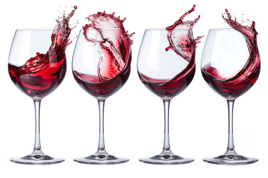 A set of elegant wine glasses toasting, showcasing a deep red wine with a delicate wine splash effect.