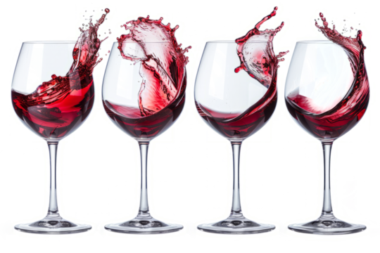 A set of elegant wine glasses toasting, showcasing a deep red wine with a delicate wine splash effect.