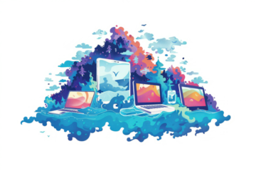 A wave of technological devices, such as smartphones and laptops, washing over a natural landscape.