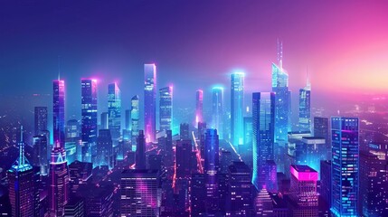 Obraz premium futuristic smart city with skyscrapers at dusk aerial view of neonlit metropolis concept illustration