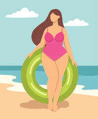 Vector illustration of a plus size woman with inflatable beach circle on sea coast. Flat style concept of body positive girl	