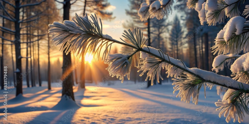 Wall mural Winter forest with sunlight streaming through the trees