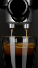 Making black coffee. Hot coffee espresso from coffee machine pouring in glass