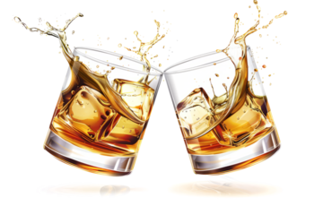 Close-up of two clinking glasses of scotch with a splash on a transparent white background.