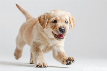a joyful Labrador Retriever puppy prancing with a happy expression and tail wagging, isolated on a white background.