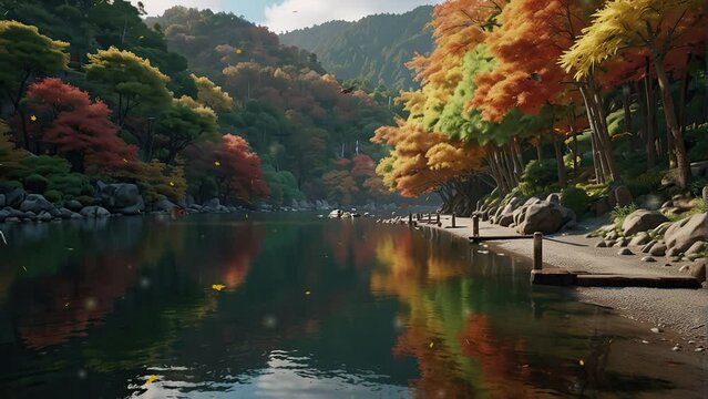 Shows a river flowing through a forest. The trees are in full bloom and the leaves are a variety of colors, including green, yellow, orange, and red. The river is calm and there are some rocks and peb