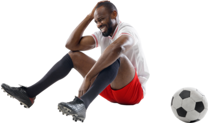 Emotional African-American man, soccer player expressing emotions of losing game isolated on transparent background. Concept of sport, competition, tournament, hobby, active lifestyle