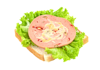 bologna sliced with bread and lettuce leaf isolated