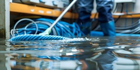 Cleaning up flooded electrical room with deep water mop and electrical cable in the background. Concept Water Damage Cleanup, Electrical Safety, Emergency Response, Deep Cleaning, Flooded Areas