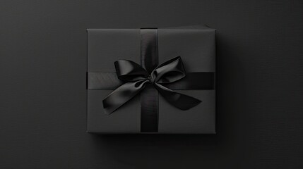 a black gift box adorned with a sleek satin ribbon and bow, set against a sophisticated black background in a top-down view, evoking a sense of opulence and refinement.