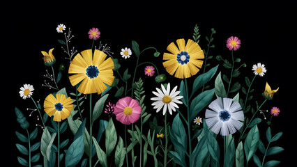 Minimalist artwork and colorful floral arrangement against a black background.