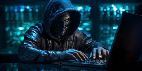 Fototapeta premium Masked Hacker with Digital Effects on Dark Background. Concept Cybersecurity, Digital Art, Dark Theme, Anonymous Mask, Hacker Illustration