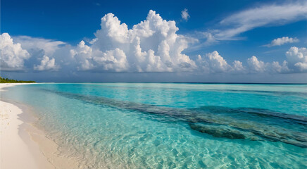 Beautiful sandy beach with white sand and rolling calm wave of turquoise ocean on Sunny day on background white clouds in blue sky. 