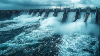Water rushing through gates at a dam