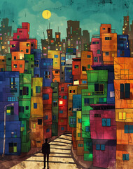 A vibrant illustration of a colorful cityscape with a lone silhouette of a person standing in the street under a full moon creating a dynamic urban scene