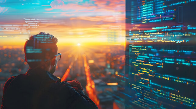 closeup photo of tech savvy developer with code, observing city view. double exposure, software city background. space for your coding message. wide, sunrise effect. generative ai