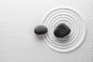 Zen Garden with Grey Stone on White Sand Line Texture Background,Japanese Garden Black Rock Sea...