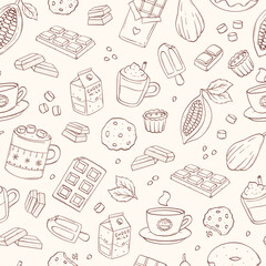 chocolate and cocoa elements seamless pattern with hand drawn chocolate bars, hot chcolate and hot cocoa cups, cacao fruits, cocoa beans, etc. EPS 10