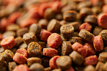 Growing trends in pet raising and pet food businesses, animal feed production industry, investing in pet food production stock, detailed close up of animal feed pellets