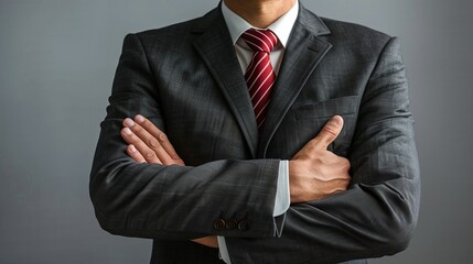 Businessman standing with arms crossed isolated in gray bakground