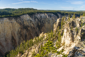 Early morning light on the rocks and cliffs at the Grand Canyon of the Yellowstone at Canyon Village in Yellowstone National Park in Wyoming on a sunny day