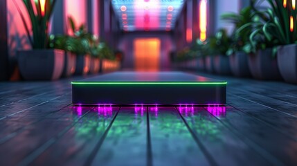 A sleek, rectangular podium with a matte black finish, highlighted by vibrant green and purple cyberpunk lights, placed in a sleek, futuristic environment. Minimal and Simple style